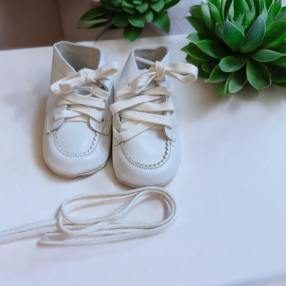 Baby Newborn white soft thin leather shoes‎ 1950's baptism wedding extra laces